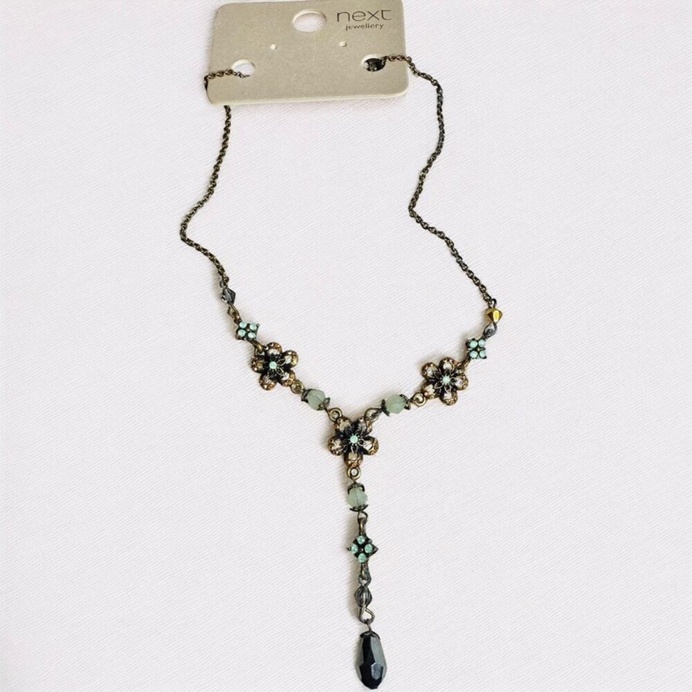 Y2K Floral Y Drop Necklace Teal Crystal Statement Pendant 18” NWT NOS